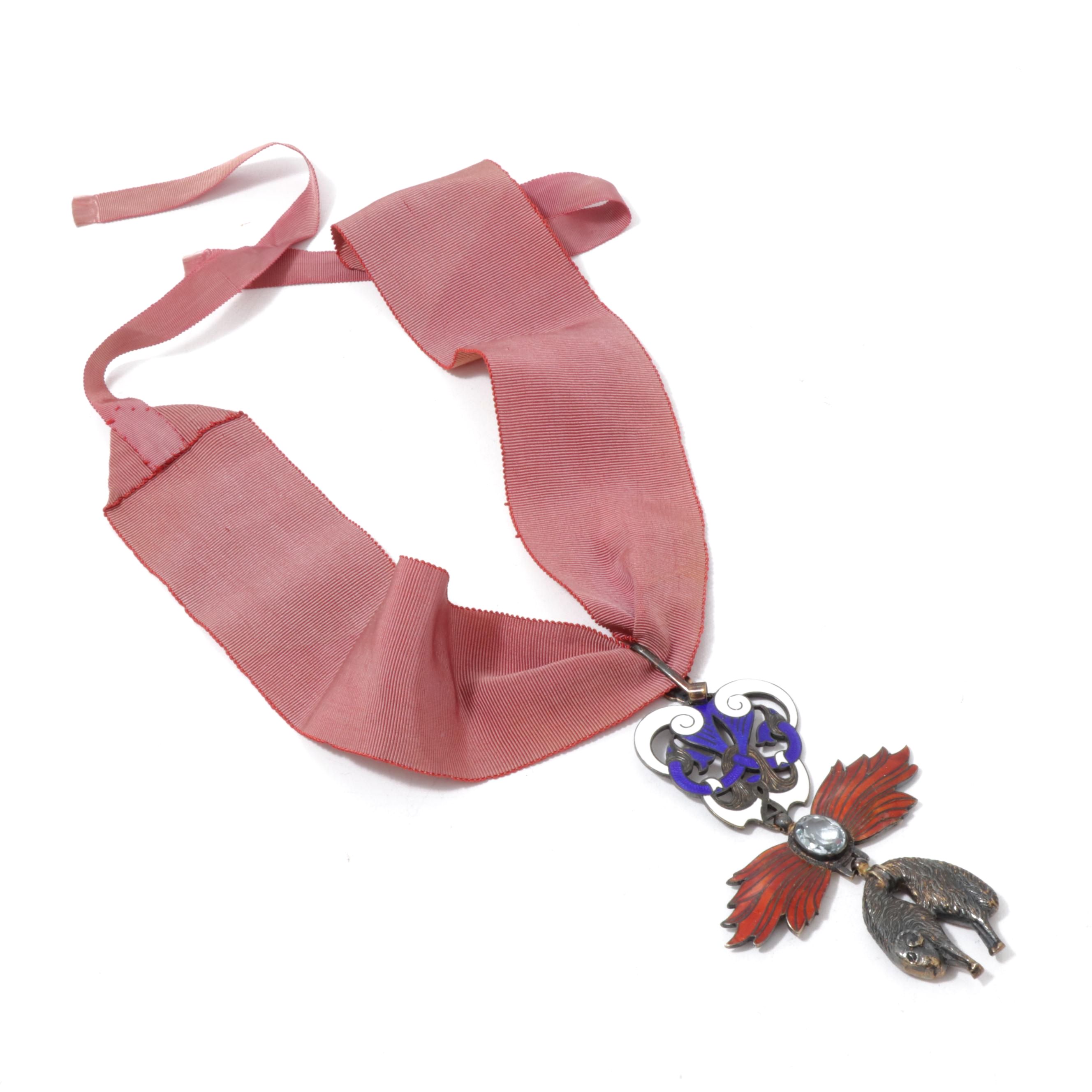 Vintage "Order of the Golden Fleece" Enameled Brass Synthetic Spinel Necklace