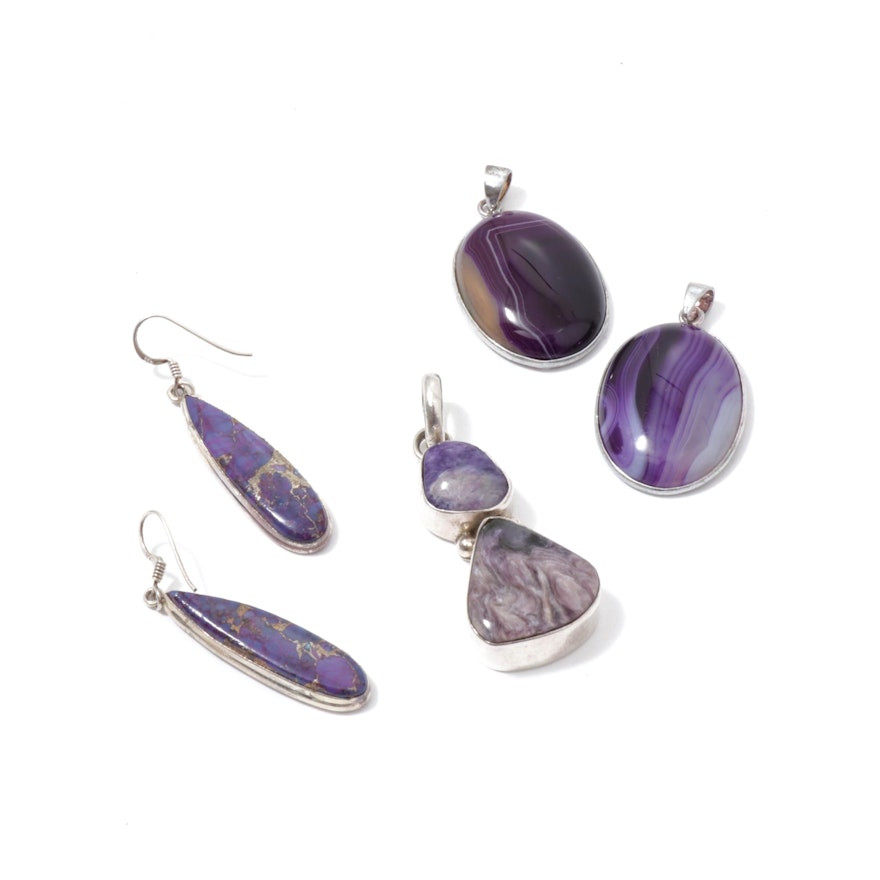 Sterling Silver Amethyst, Charoite, and Sugilite Pendants and Earrings