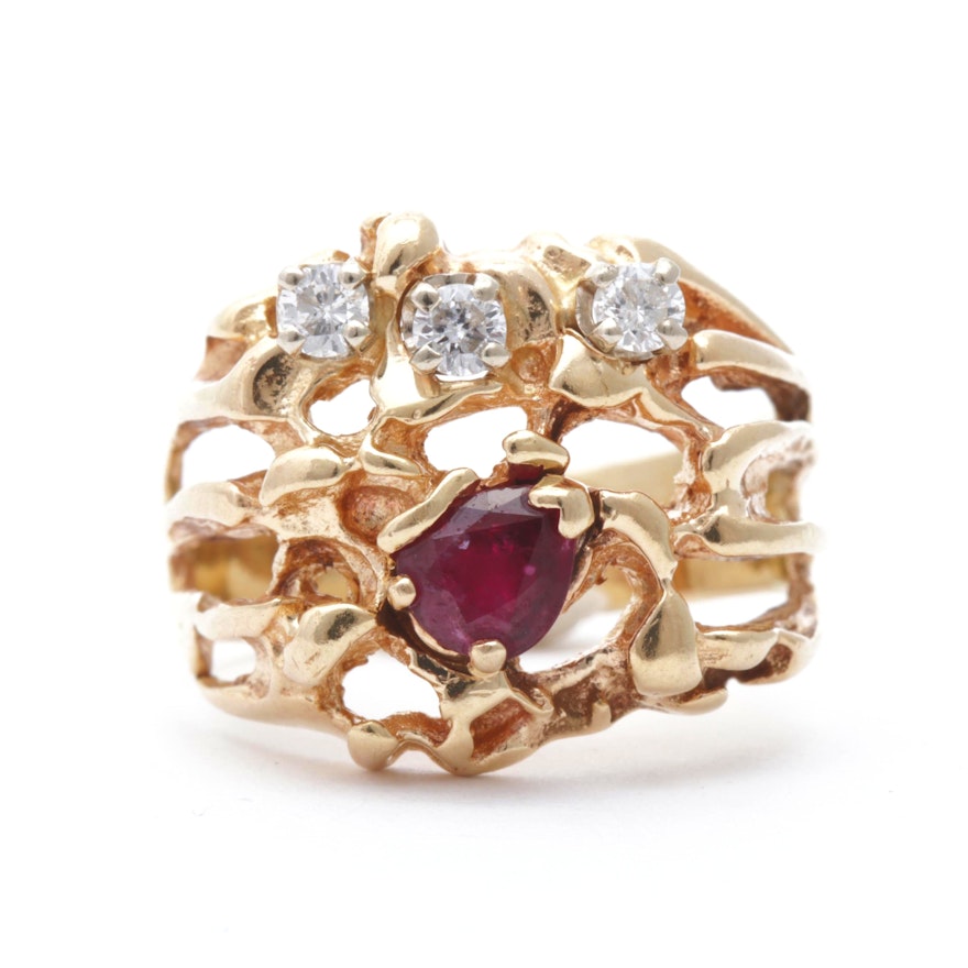 Biomorphic 14K Yellow Gold Diamond and Ruby Ring