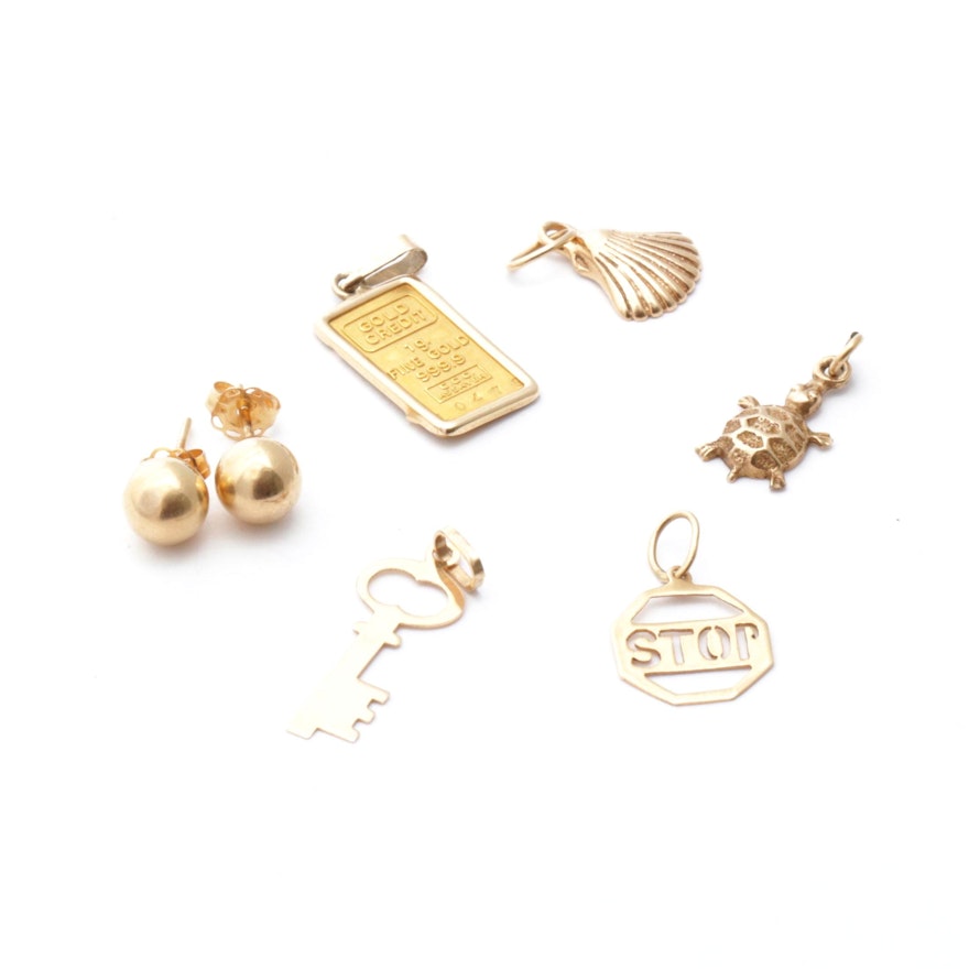 14K Yellow Gold Charms and Stud Earrings