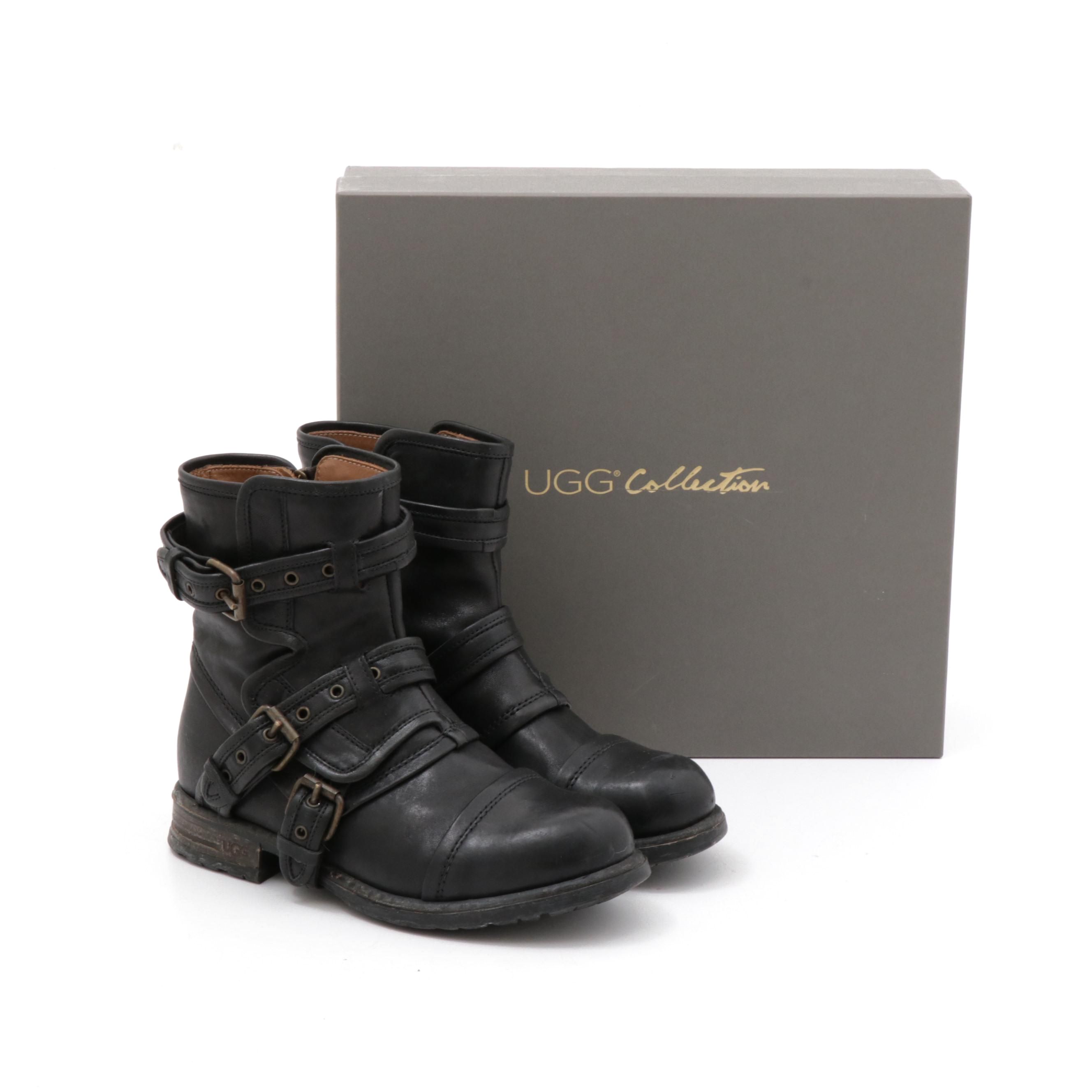 UGG Collection Black Leather Elisabeta Moto Boots, Made in Italy