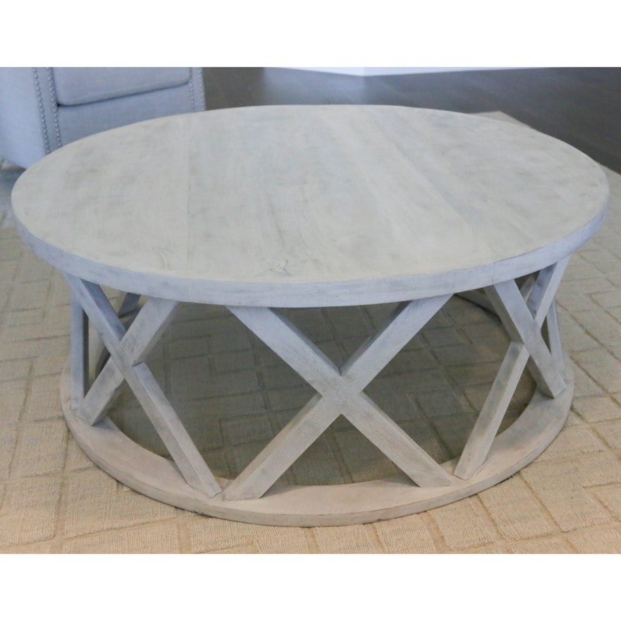 Round Wooden Coffee Table with Lightly Distressed Finish, 21st Century