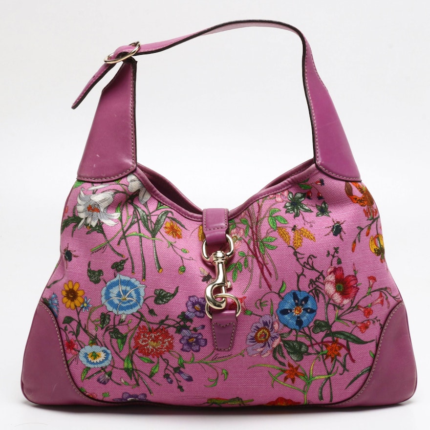 Gucci Pink Jackie O Bouvier Botanical Floral Canvas and Leather Hobo Bag