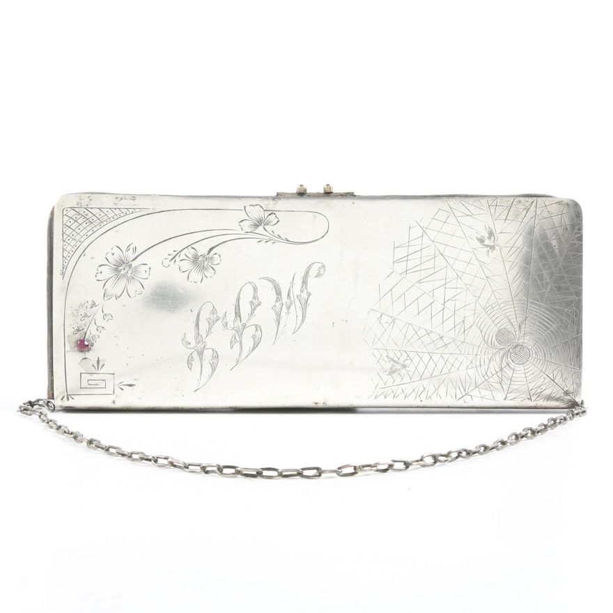 875 Russian Silver Purse with Spider and Fly Engraving, Early 20th Century