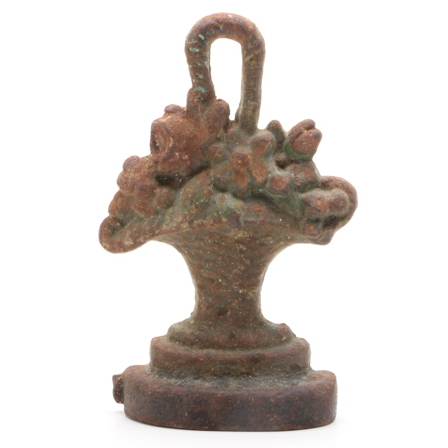 American Polychrome Cast Iron Flower Basket Doorstop, Early 20th Century