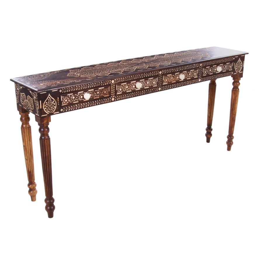 Moroccan Bone Inlaid Teak Console Table with Drawers, Contemporary