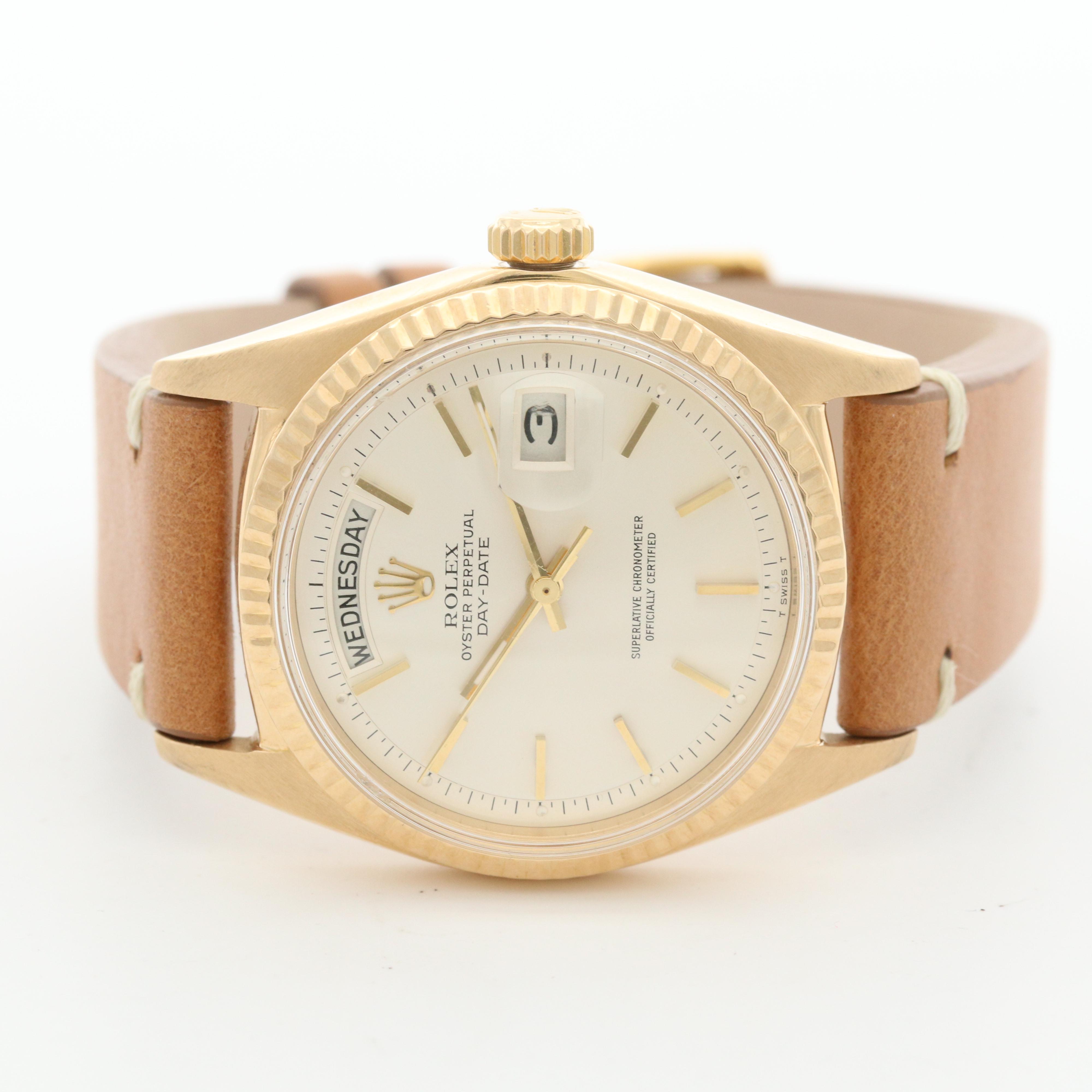 Vintage Rolex 18K Yellow Gold Watch With Pie Pan Dial and Date, 1968