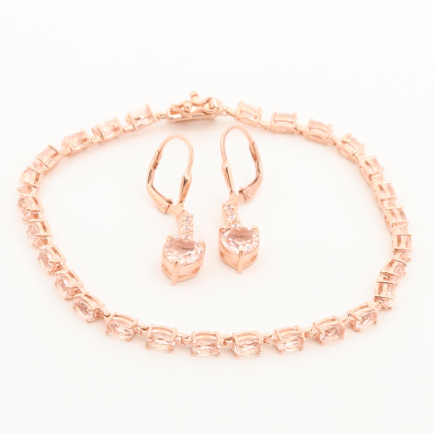 Sterling Silver Morganite and Cubic Zirconia Bracelet and Earrings