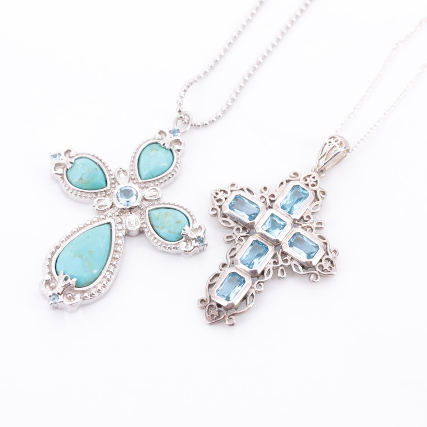 Sterling Silver Cross Pendant Necklaces with Turquoise and Blue Topaz