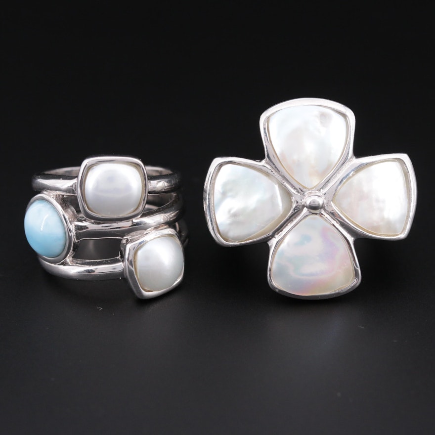 Sterling Silver Rings with Cultured Mabé Pearl, Mother of Pearl and Larimar