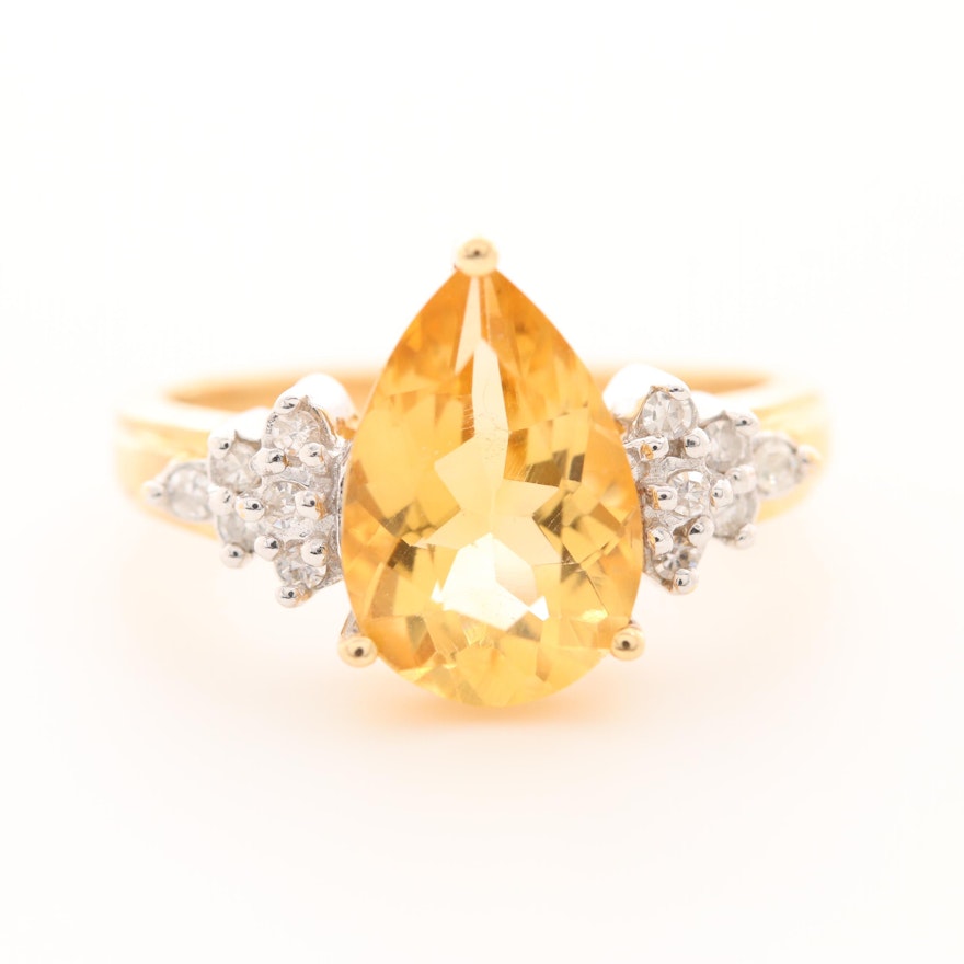 14K Yellow Gold Citrine and Diamond Ring