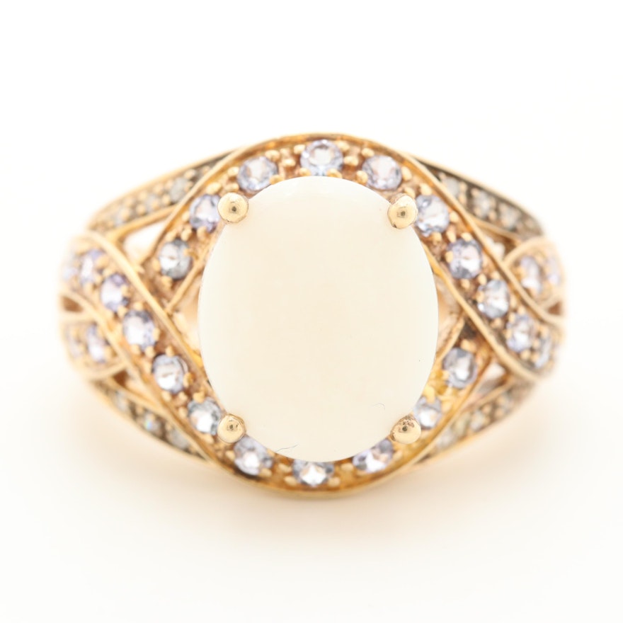 10K Yellow Gold Opal, Cubic Zirconia and Diamond Ring