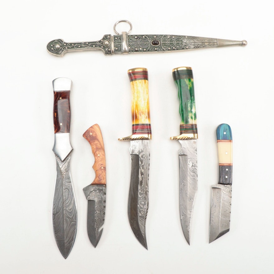 Damascus Steel Fixed Blade Knives and an Ornate Dagger