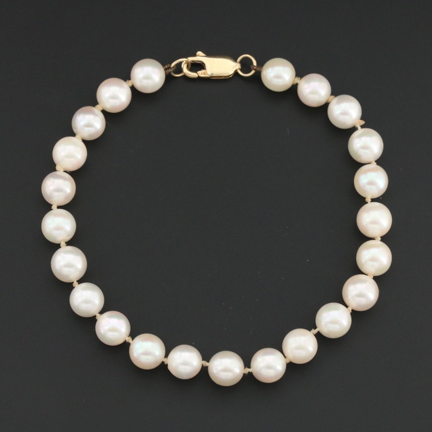 Knotted Cultured Pearl Bracelet with 14K Yellow Gold Clasp