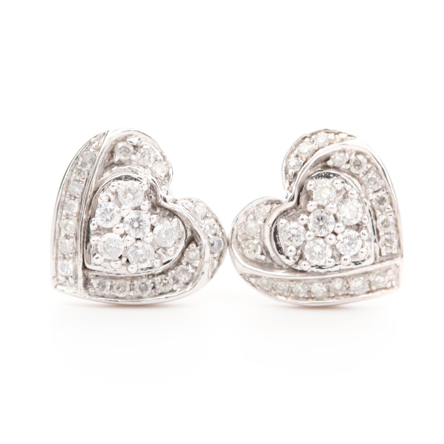 14K White Gold Diamond Heart Earrings