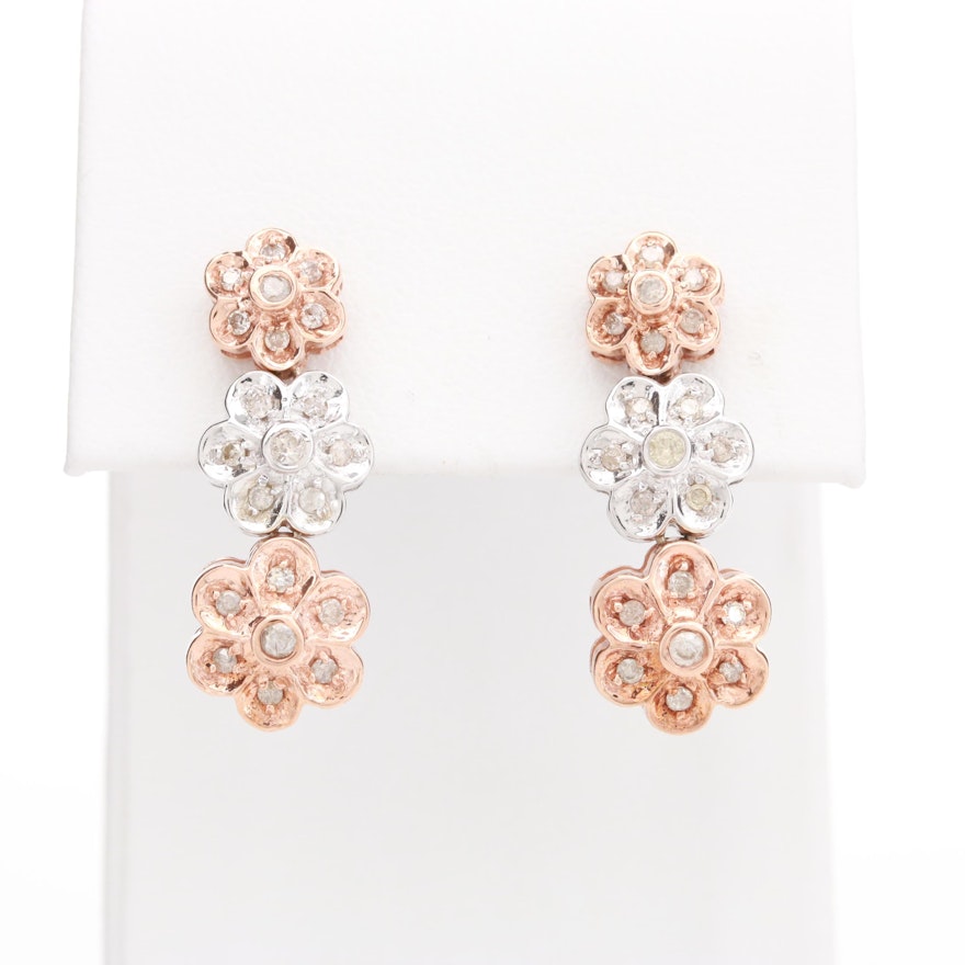 10K Rose and White Gold Diamond Floral Earrings