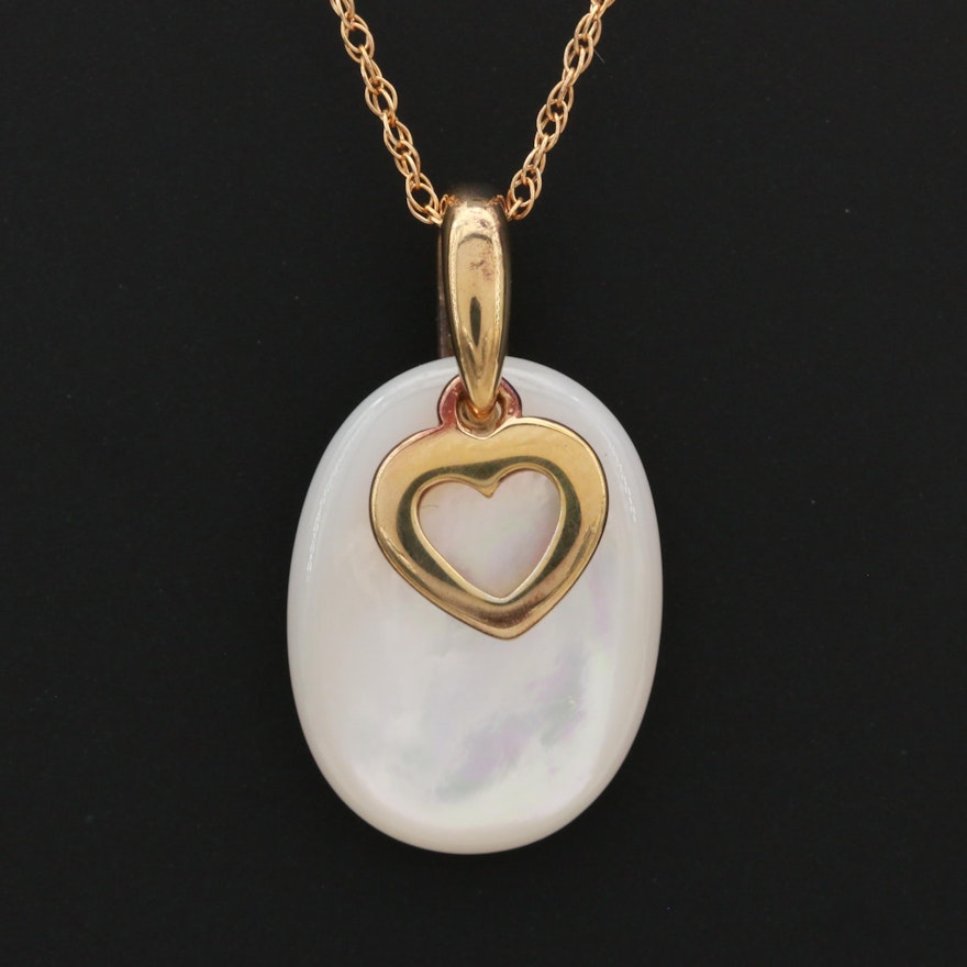 Sterling Silver Mother of Pearl Heart Pendant on Gold Filled Rope Chain Necklace
