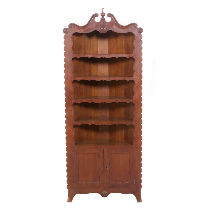 Transitional Walnut Carved Corner China Cabinet, Antique