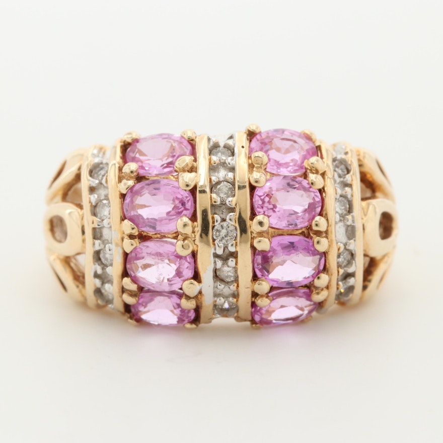 14K Yellow Gold Pink Sapphire and Diamond Dome Ring