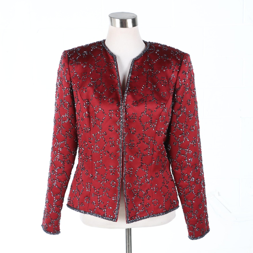 VIE by Victoria Royal Beaded Carmine Red Satin Evening Jacket