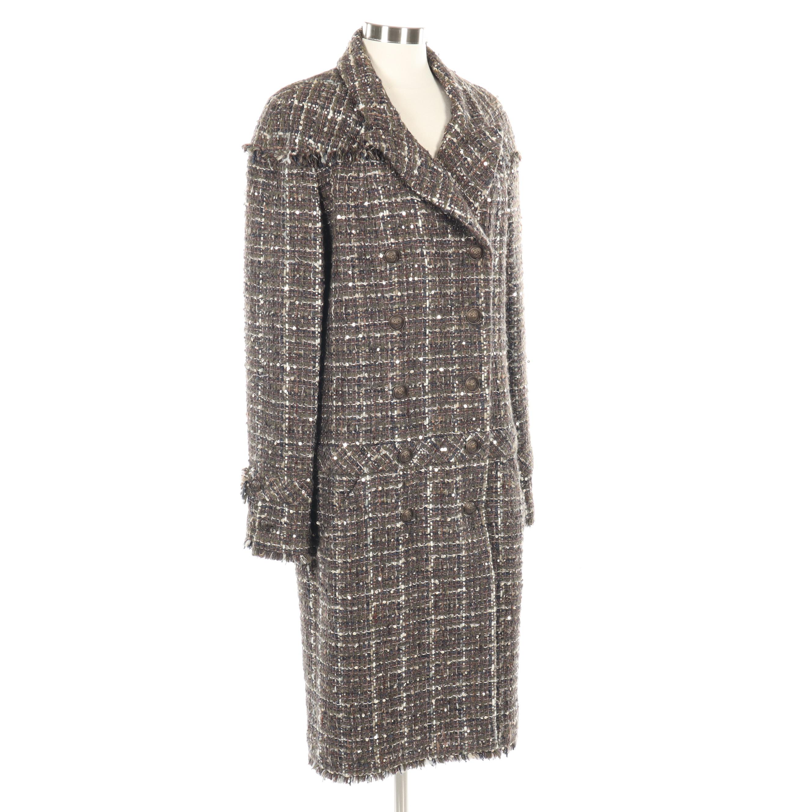 Chanel Raw Edge Tweed Double-Breasted Coat Embellished with Sequins