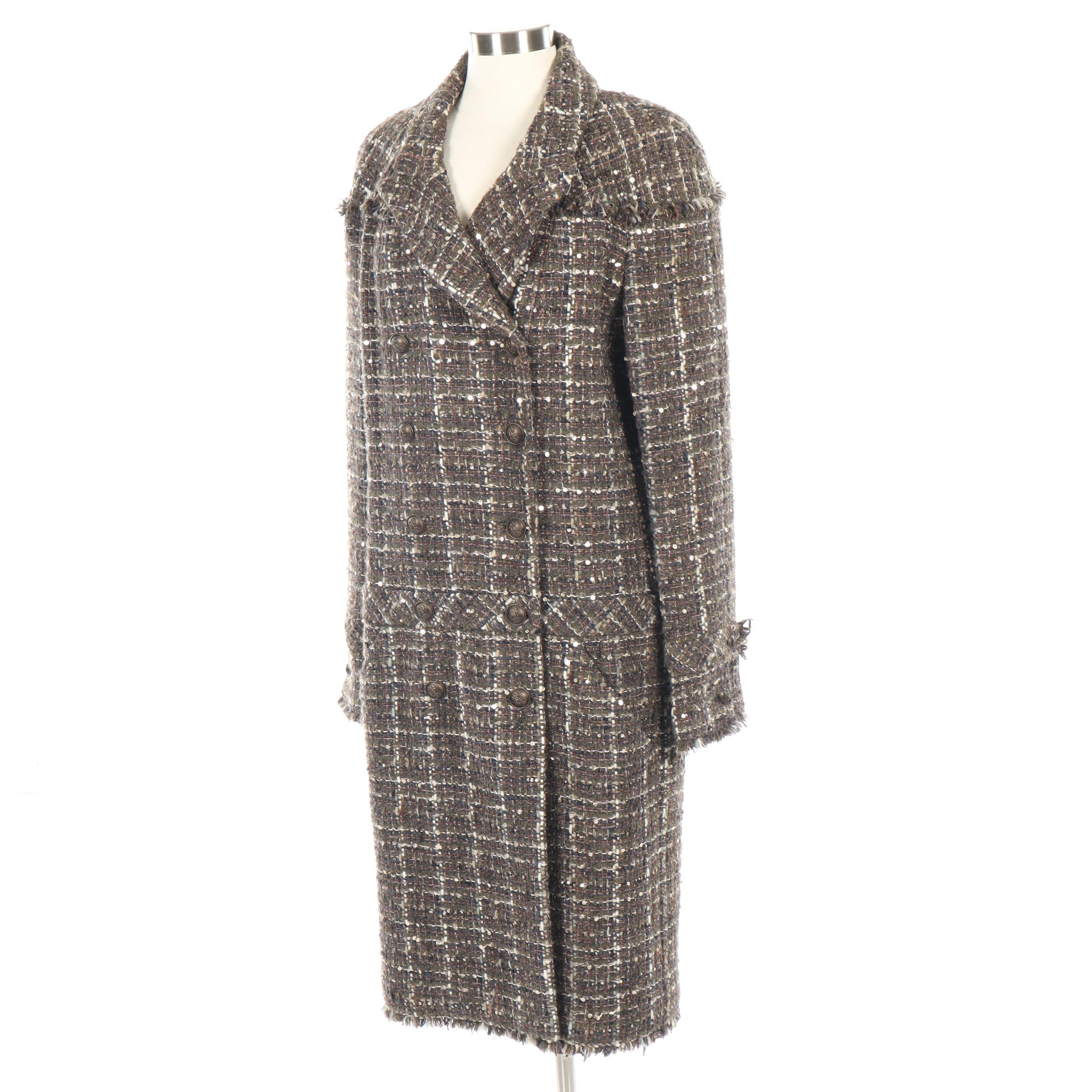 Chanel Raw Edge Tweed Double-Breasted Coat Embellished with Sequins