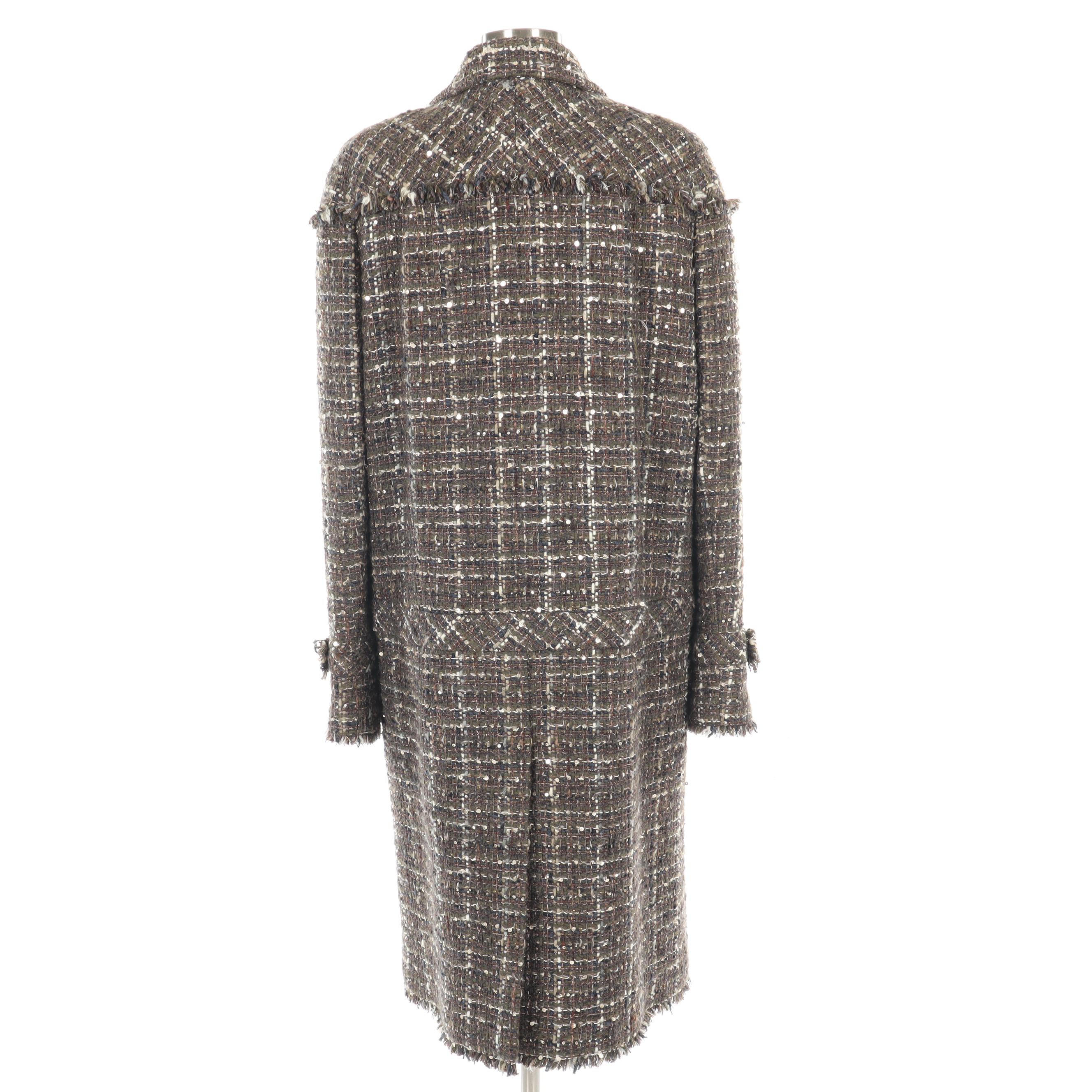 Chanel Raw Edge Tweed Double-Breasted Coat Embellished with Sequins