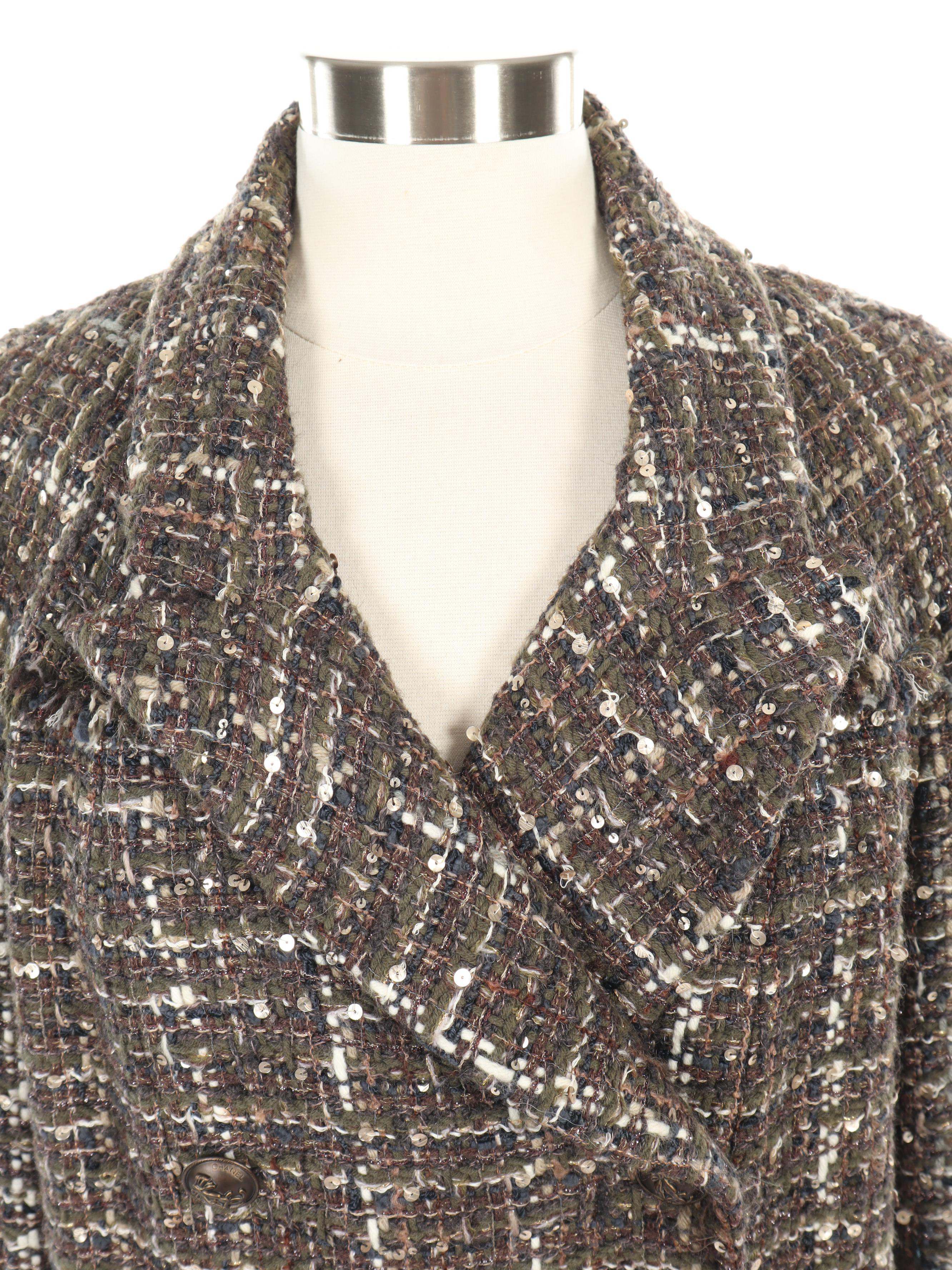 Chanel Raw Edge Tweed Double-Breasted Coat Embellished with Sequins