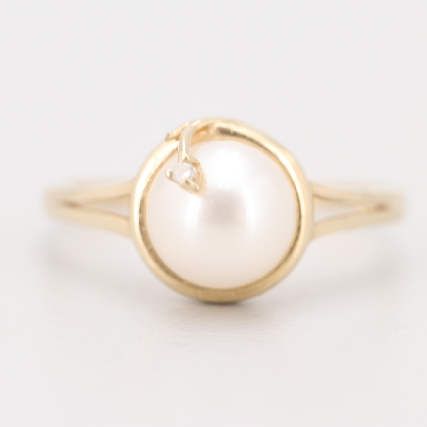 14K Yellow Gold Cultured Pearl and Diamond Ring