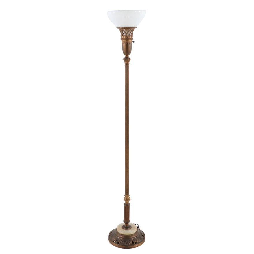 Brass and Onyx Torchiere Floor Lamp, Mid to Late 20th Century