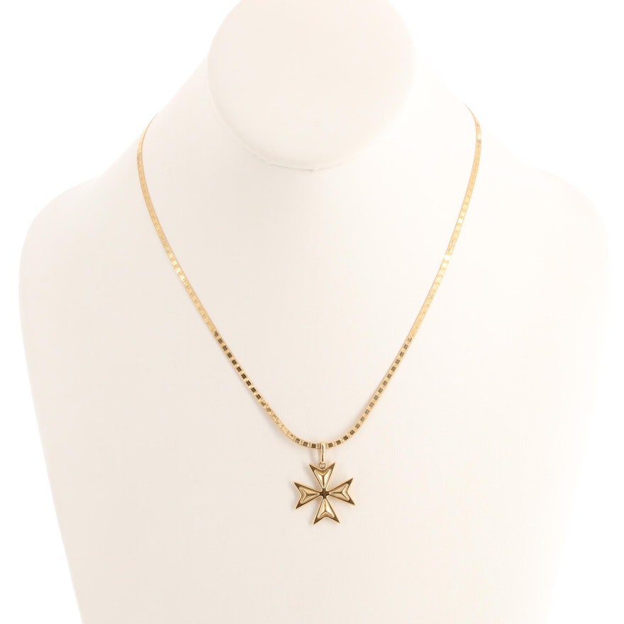 18K Yellow Gold Maltese Cross Pendant on 14K Gold Herringbone Chain