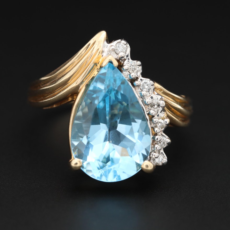 14K Yellow Gold Blue Topaz and Diamond Ring