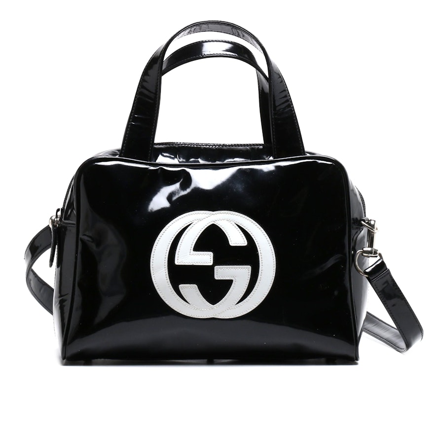 Gucci Black and White Patent Leather Logo Convertible Shoulder Bag