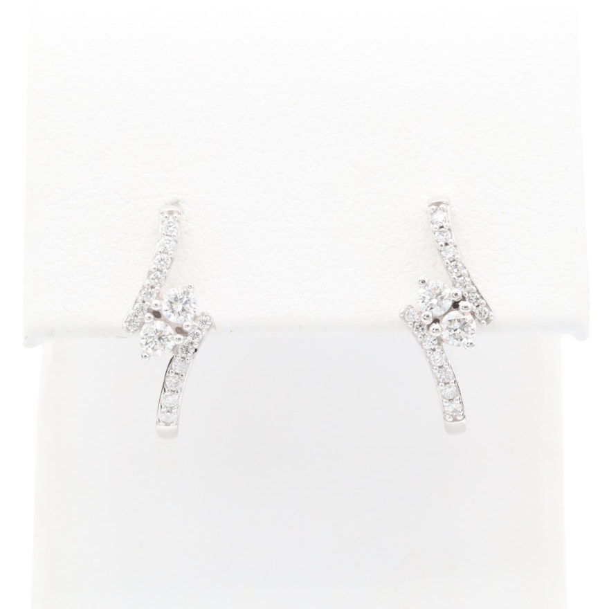 14K White Gold Diamond J Hoop Earrings