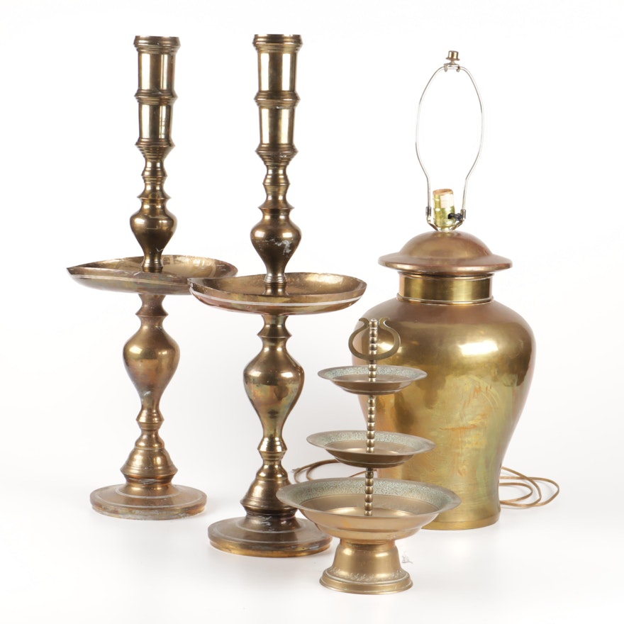 English Brass Candlesticks with Table Lamp and Engraved Dessert Tray