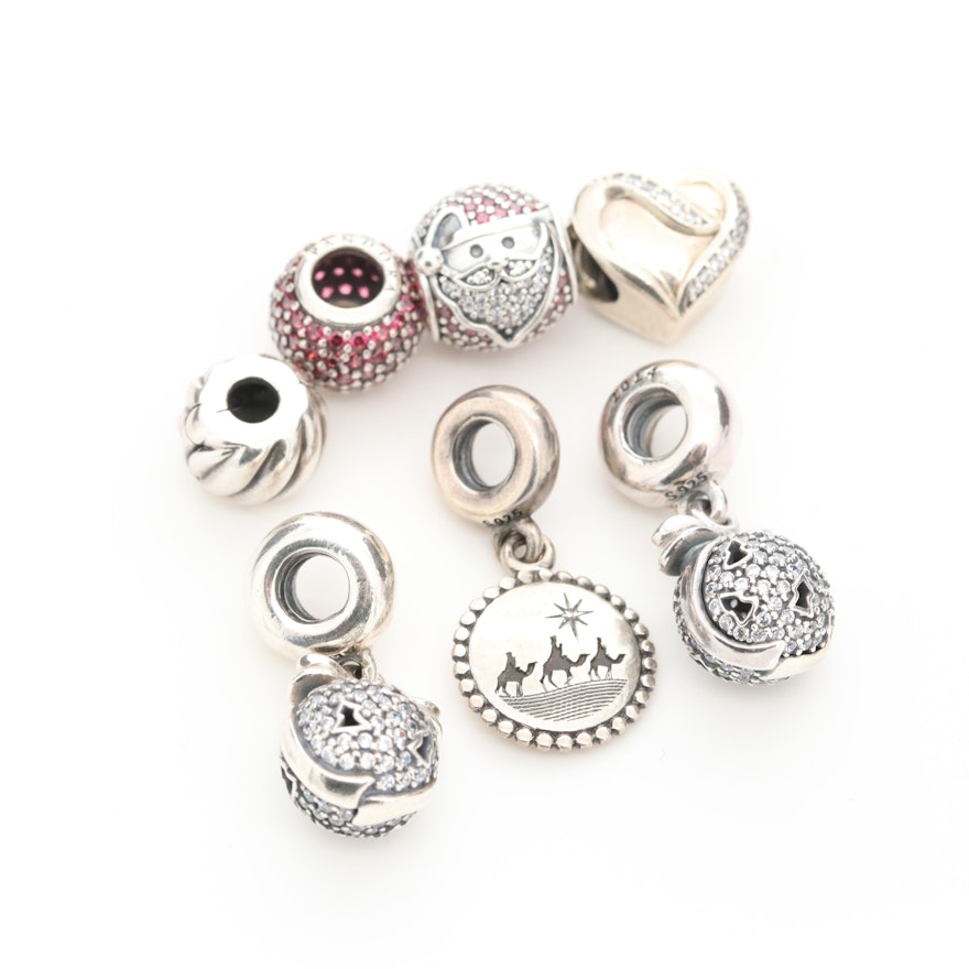 Seven Pandora Sterling Silver Cubic Zirconia Christmas Charm Beads