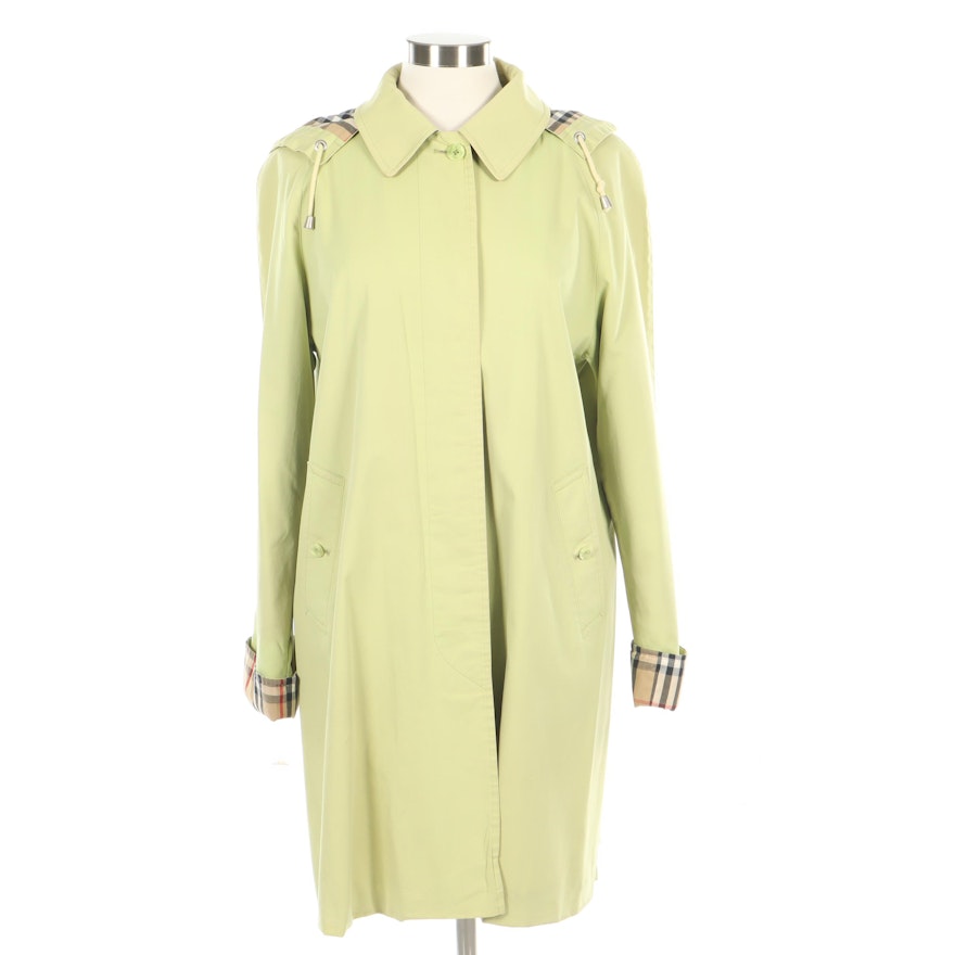 Burberry London Lime Green Hooded Raincoat with "Nova Check" Trim