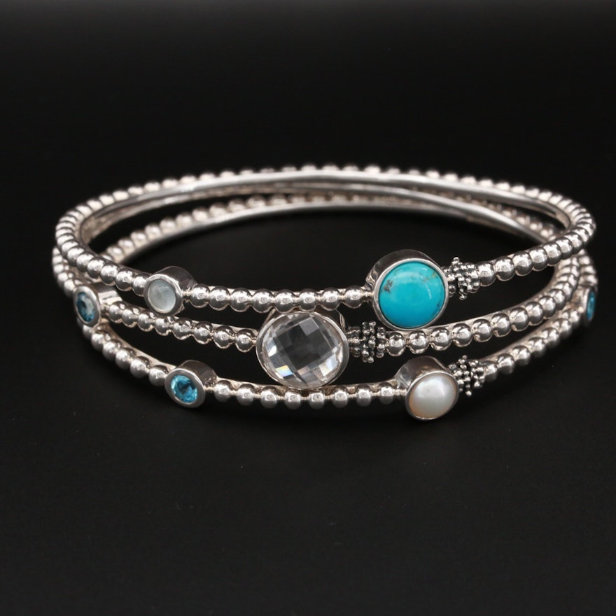 Michael Dawkins Sterling Topaz, Cultured Pearl, and Moonstone Bangle Bracelets