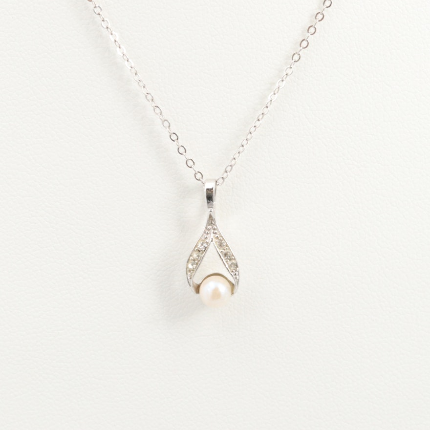 Sterling Silver Glass and Cultured Pearl Pendant Necklace