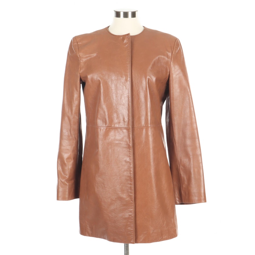 Armani Exchange Cognac Leather Hidden Snap-Front Jacket