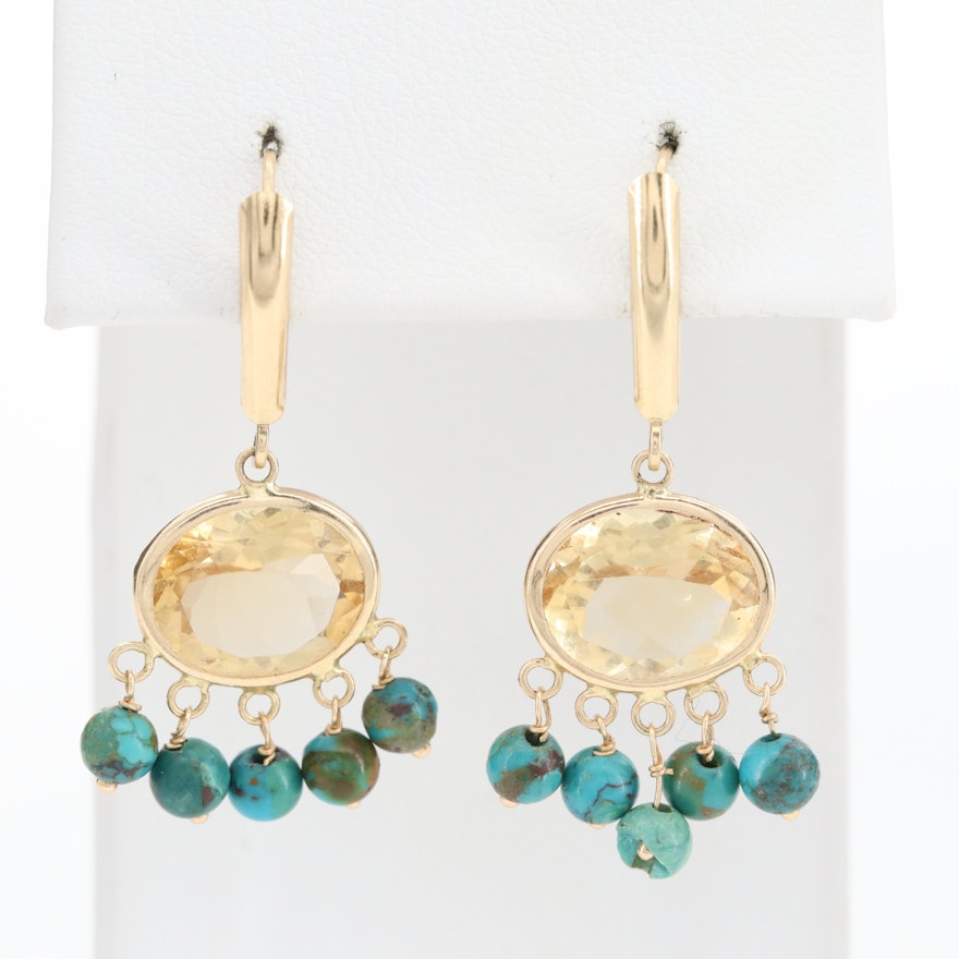 14K Yellow Gold Citrine and Turquoise Dangle Earrings
