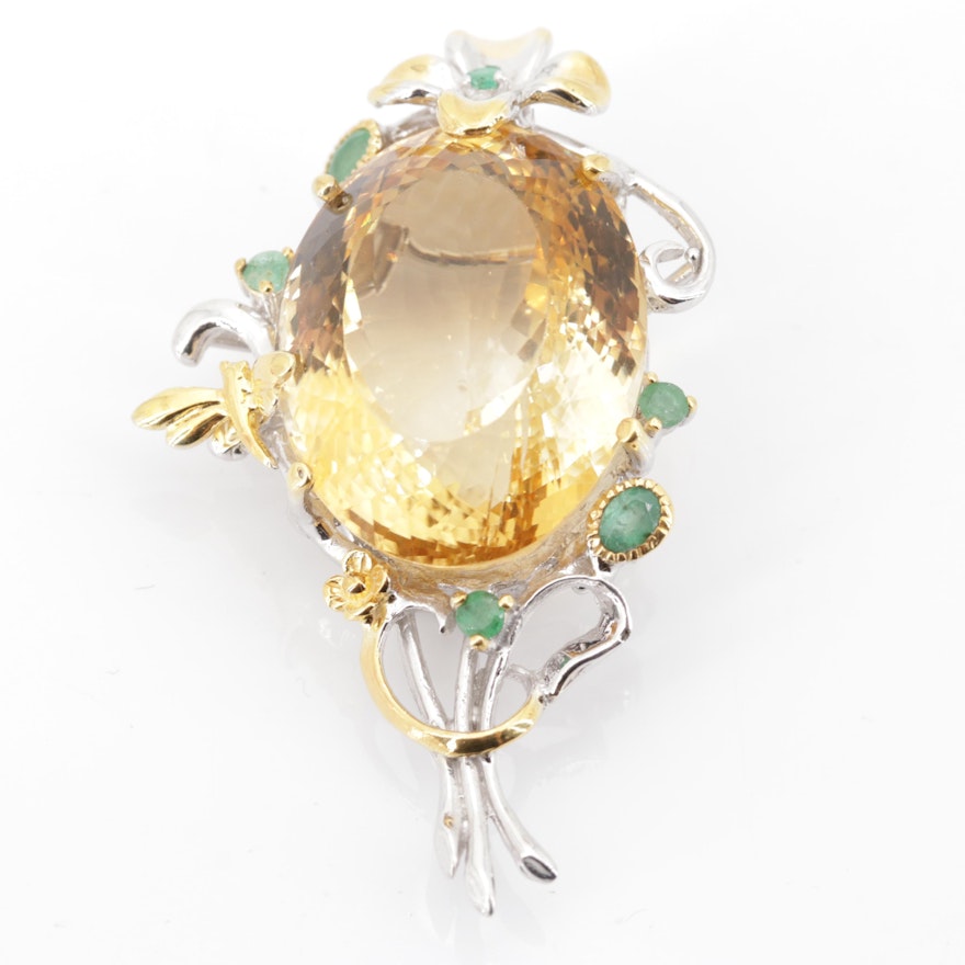 Sterling Silver 55.97 CT Citrine and Emerald Pendant