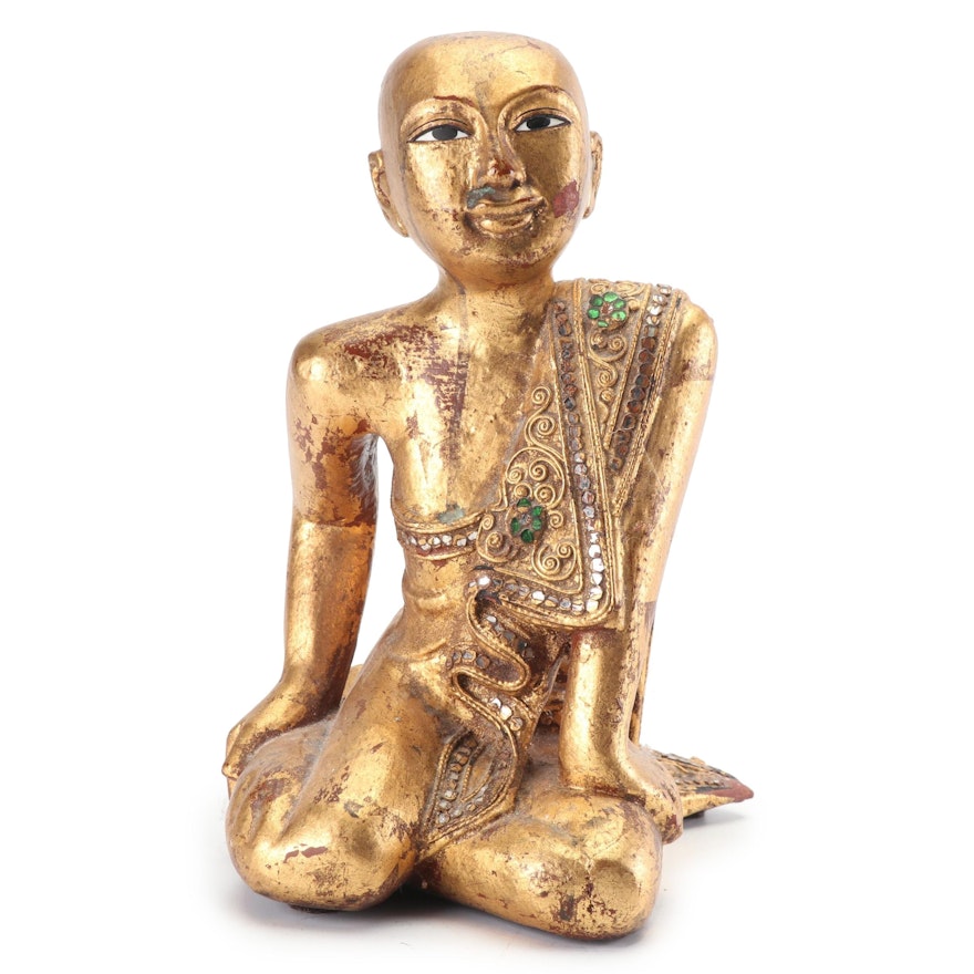 Thai Giltwood Buddhist Temple Monk Statuette