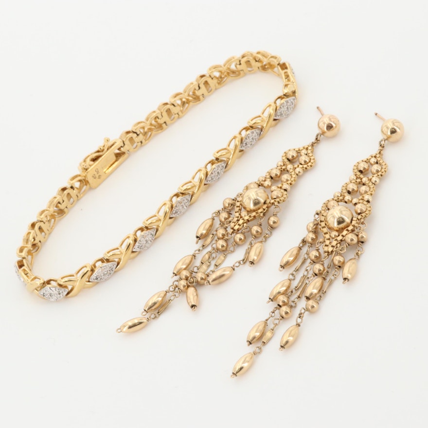 Vintage Gold Filled Chandelier Earrings and Diamond "X" Link Bracelet