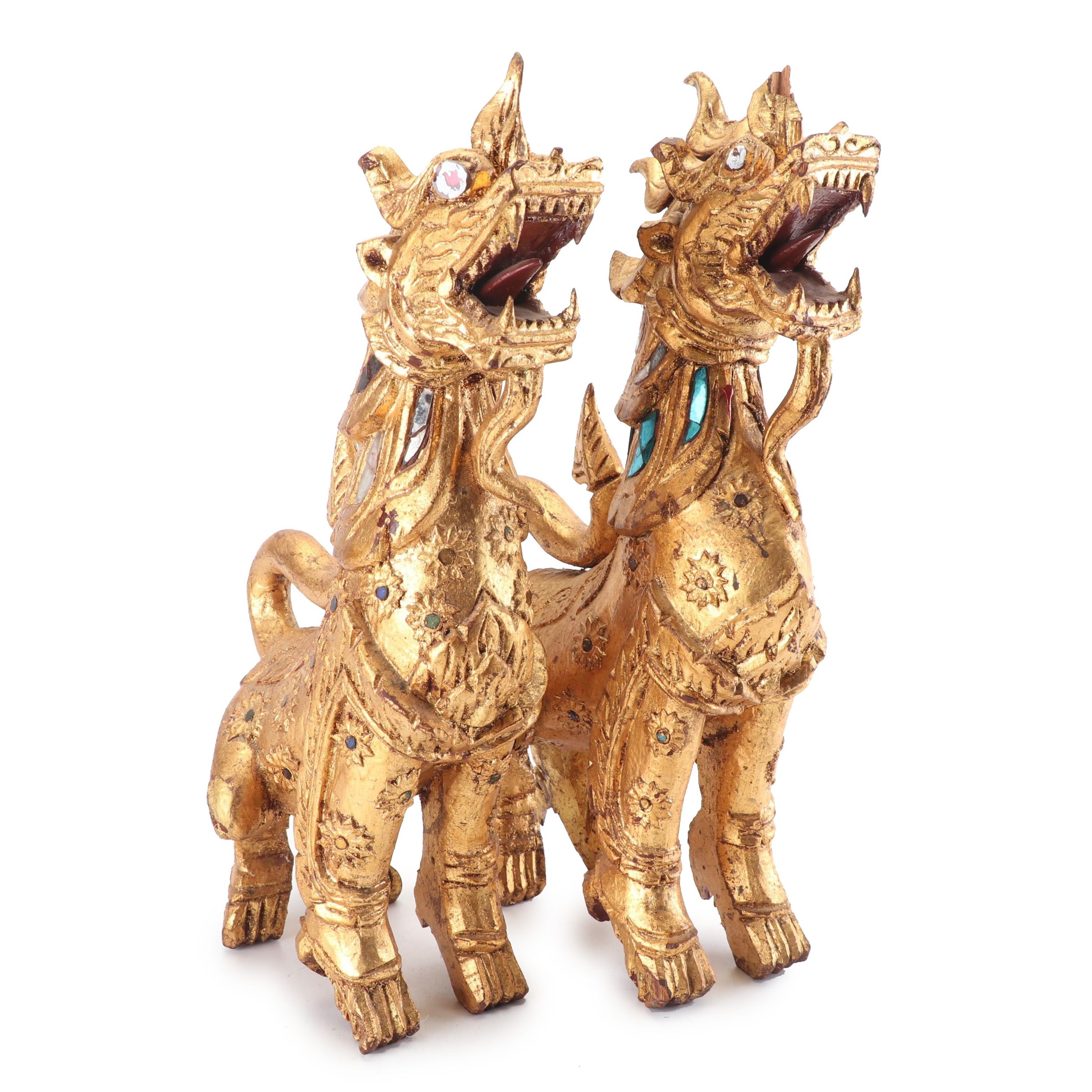 Thai Giltwood Singha Guardian Statuettes