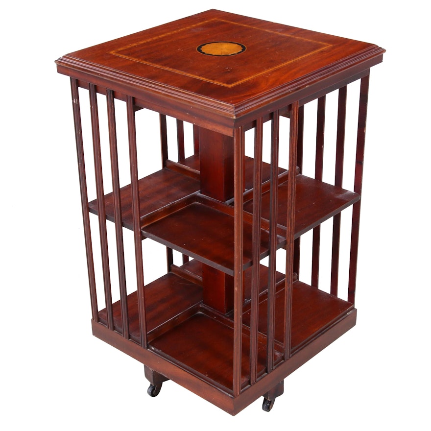 Inlaid Mahogany and Satinwood Rotating Bookcase, Early to Mid 20th Century