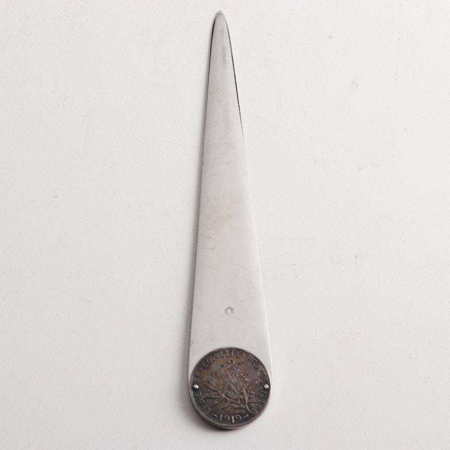 Eloi Pernet Letter Opener with 1919 France 2 Francs Silver Coin