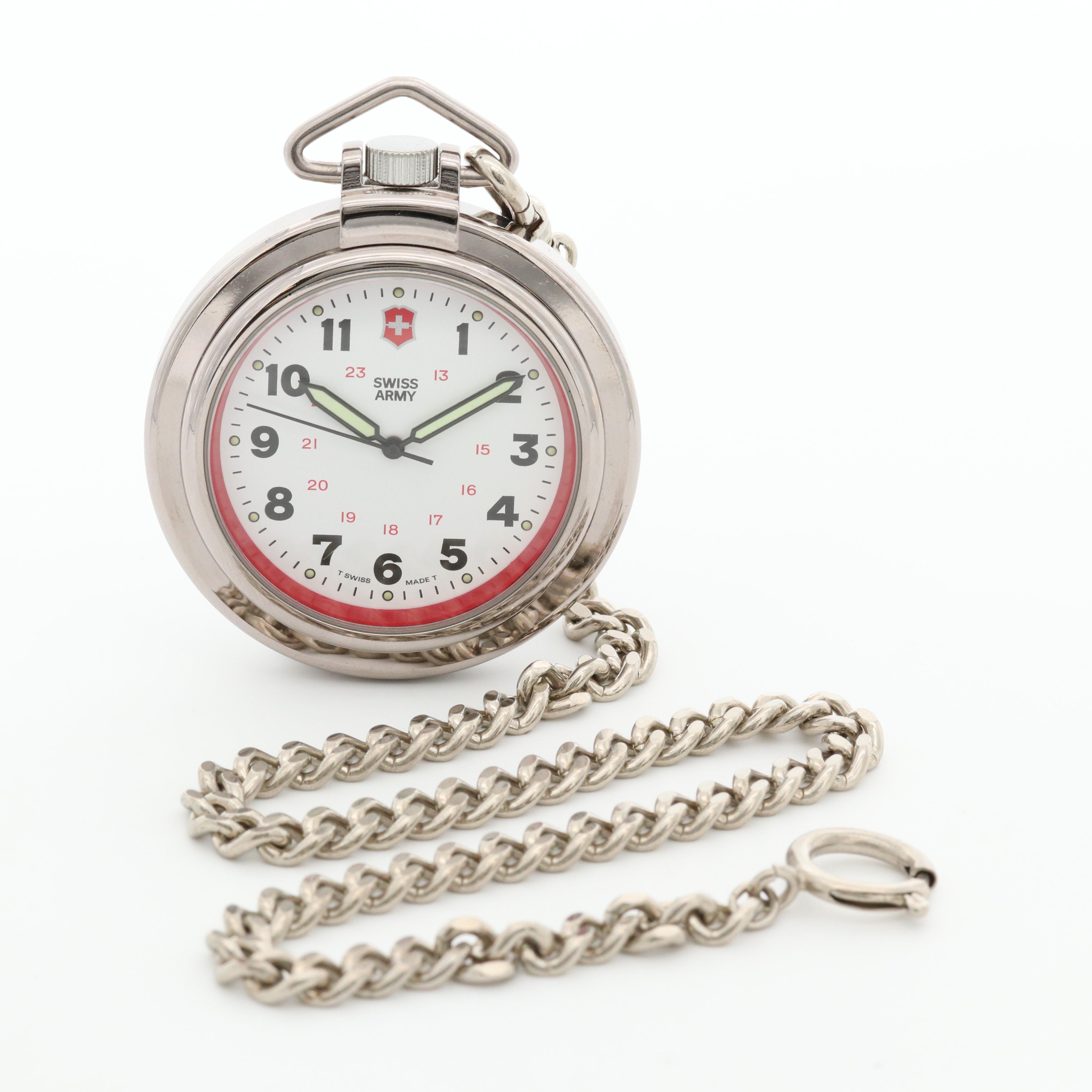 Swiss Army Stainless Steel Quartz Open Face Pocket Watch With Fob Chain