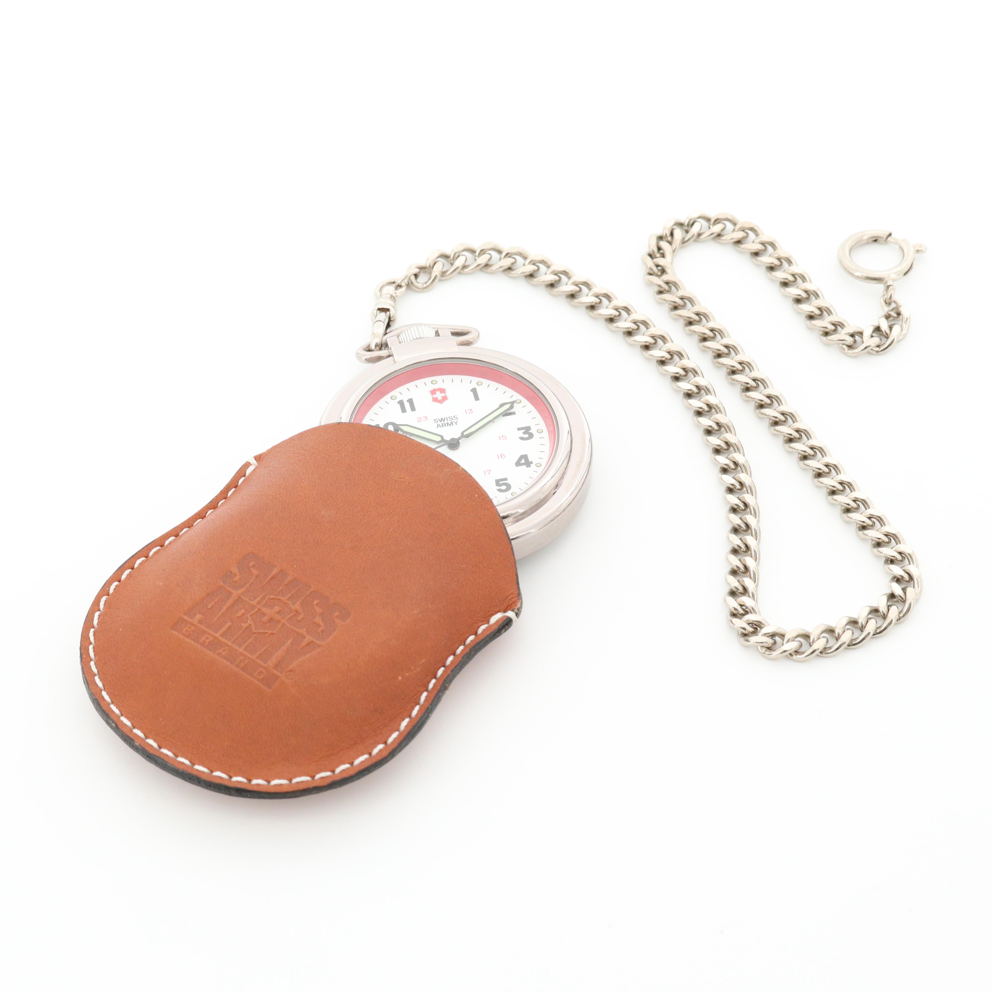 Swiss Army Stainless Steel Quartz Open Face Pocket Watch With Fob Chain