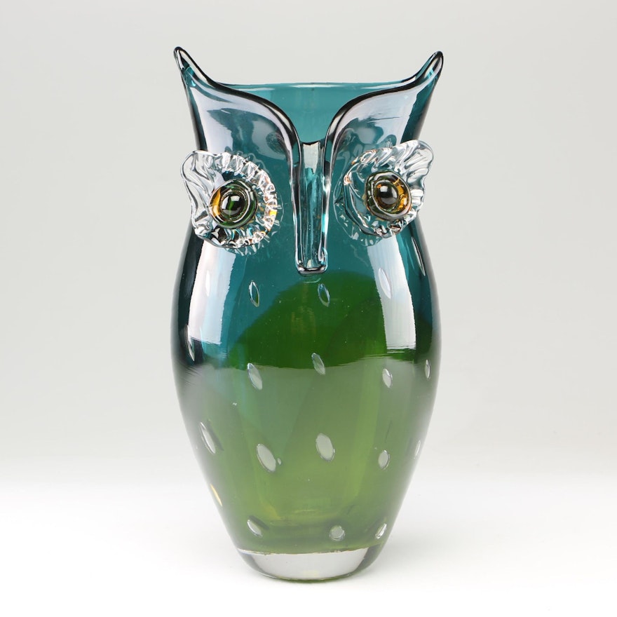 Hand-Blown Art Glass Owl Vase